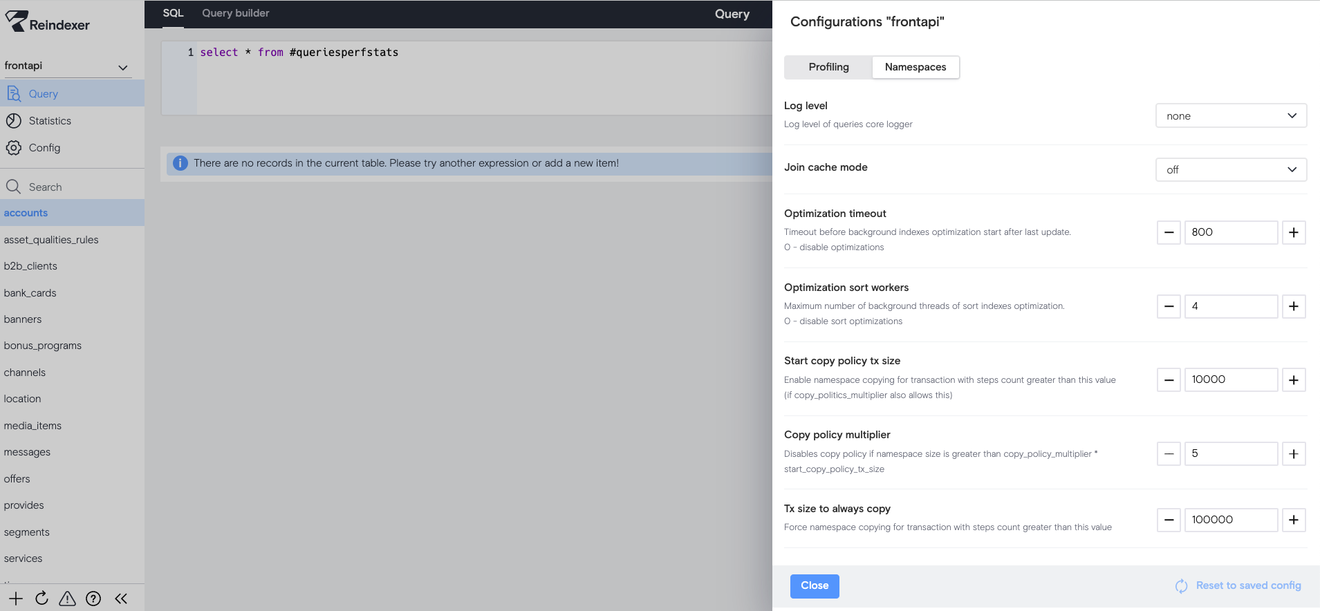 Конфигурирование баз данных и неймспейсов | Документация Reindexer