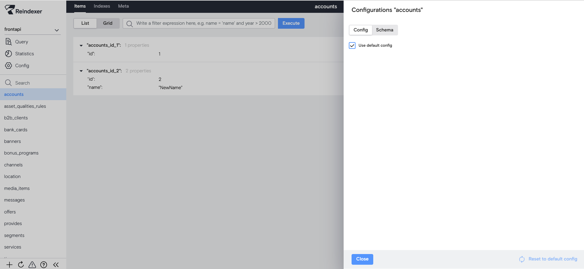 Вкладка Config для неймспейса